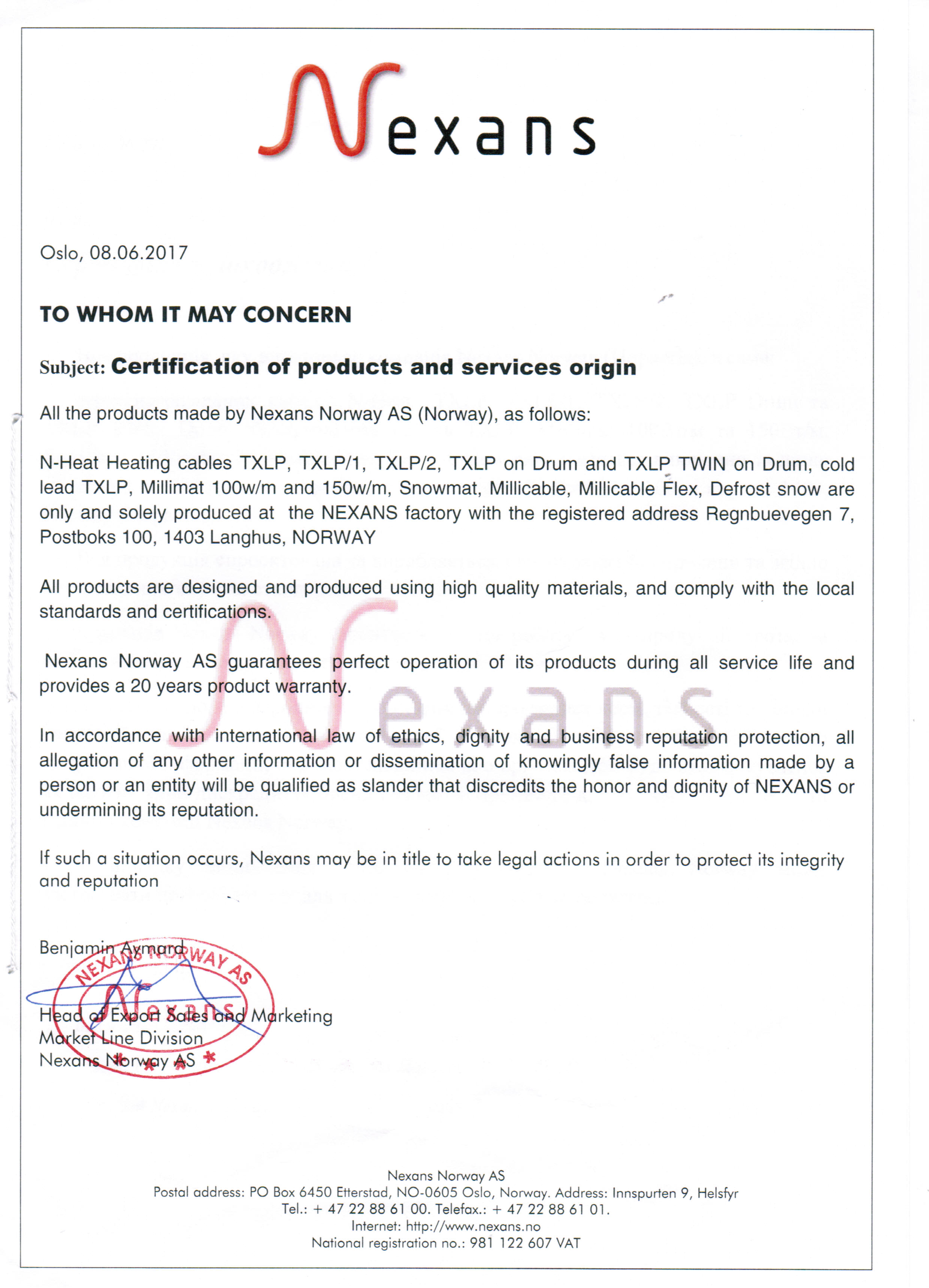 Сертификат происхождения товаров Nexans - 1
